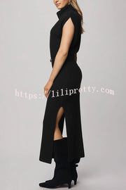 Solid Color Sleeveless Knitted Elegant Waist Midi Dress