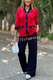 Stylish Color-blocked V-neck Knitted Button-down Cardigan and Elastic Waist Casual Wide-leg Pants Set