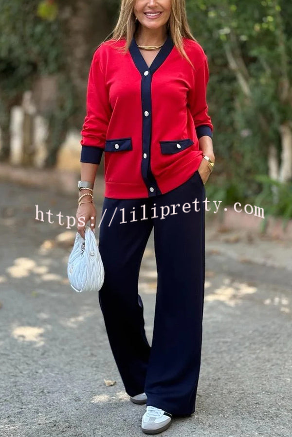 Stylish Color-blocked V-neck Knitted Button-down Cardigan and Elastic Waist Casual Wide-leg Pants Set