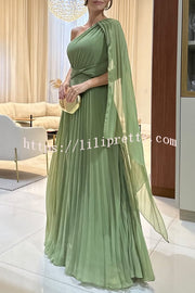 Kate Pleated One Shoulder Drape Sleeve Twist Waist Maxi Dress