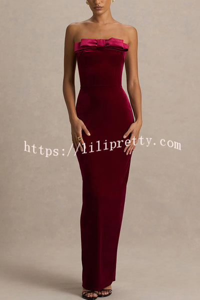 Illusion Velvet Bandeau neck Bow detail Stretch Maxi Dress