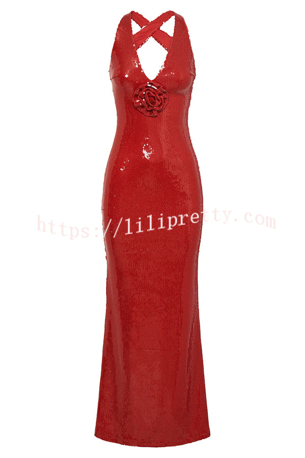 Sicilian Rose Sequin Three-dimensional Floral Sexy Backless Maxi Dress