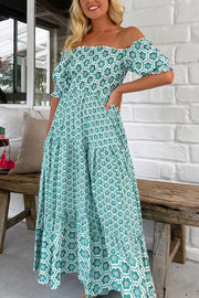 Floral Print Off-the-shoulder Puff-sleeve Pleated Maxi Dress