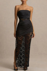 Dulcie Lace and Satin Patchwork Asymmetrical Pleats Bandeau Maxi Dress