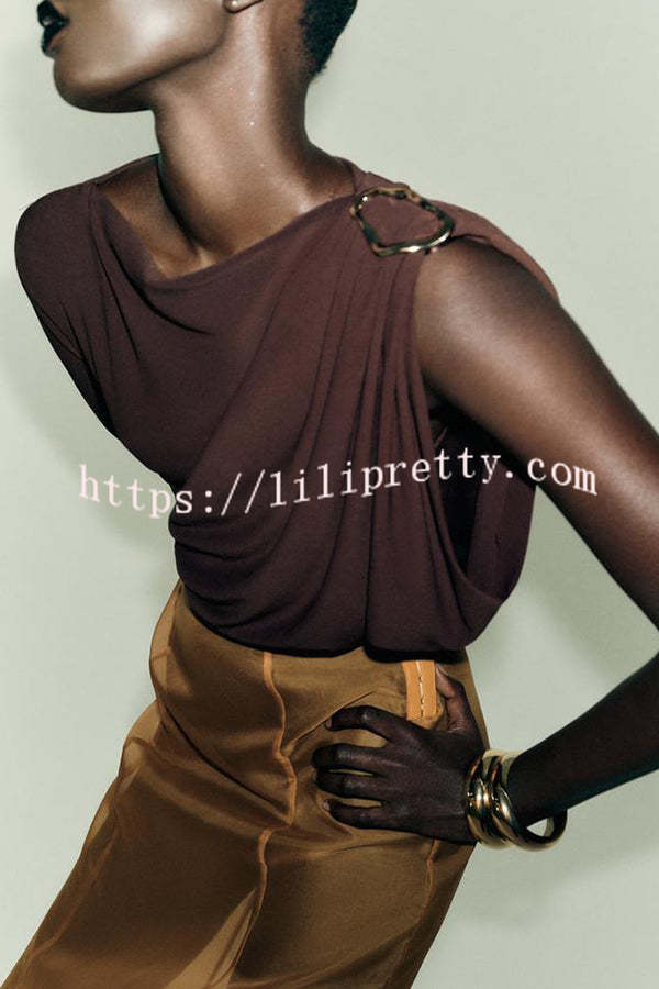 After Party Energy Brooch Detail One Sleeve Ruched Drape Stretch Bodysuit