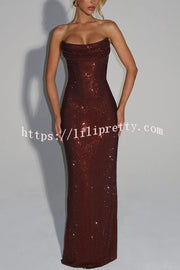Mirabella Sequin Pleated Cowl Scooped Neckline Back Lace-up Strapless Maxi Dress