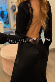 Mystic Moment Satin Lace Trim Long Sleeve Backless Maxi Dress