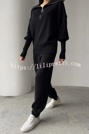 Solid Color Long-sleeved Zip-up Sweatshirt and Elastic Waist Loose Pocket Pants Set