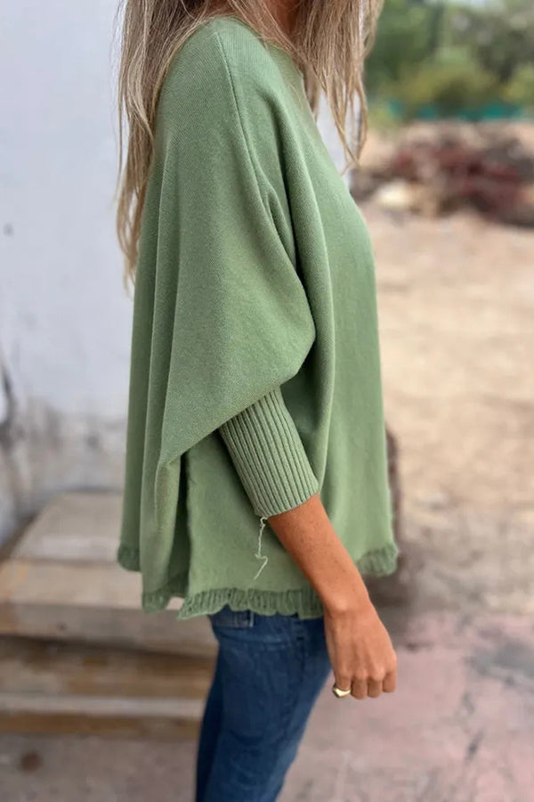 Solid Color Loose Long Sleeve Lace Knitted Sweater