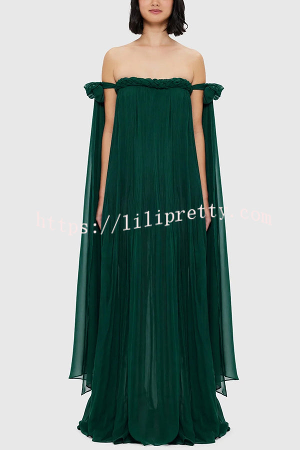 Fairy Spirit Tulle Braided Neckline Tie Arm Straps Pleated Maxi Dress