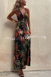Lilipretty Rainforest Paradise Tropical Print Cutout Back Crossover Stretch Maxi Dress