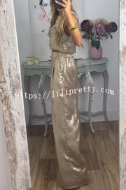 Rita Metallic Fabric Back Buttons Crop Tank and Elastic Waist Pocketed Wide Leg Pants Set