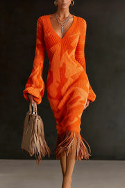 Unique Printed V-neck Long-sleeved Elegant Tassel Hem Midi Dress