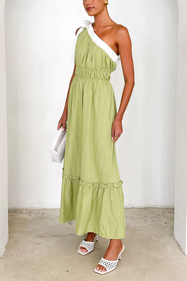 Fashion Sleeveless One Shoulder Tie Elastic Neck Pleated Maxi Dress