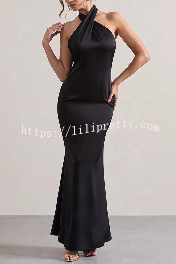 Solid Color Halter Neck Tie Sexy Backless Slim Maxi Dress