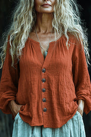 Linen Blend V-neck Long-sleeved Button-down Loose Shirt