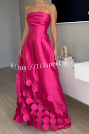 Luxurious Poise Satin Spliced mesh Polka-dot Fabric Off Shoulder Formal Maxi Dress