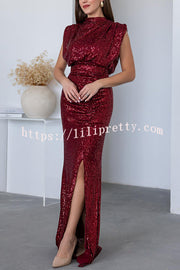 Dreamy Delights Sequin Wide Short Sleeve Back Tie-up Ruched Slit Maxi Dress