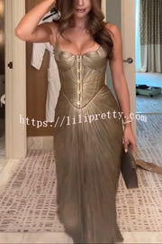 Vegas Queen Metallic Pleated Sculpted Bodice Back Lace-up Drape Maxi Dress
