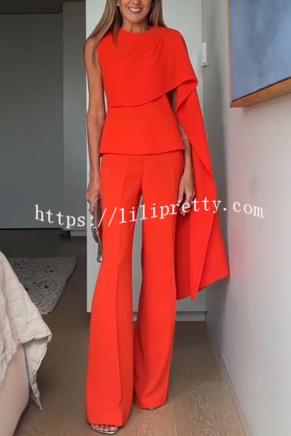 Perfect Balance Asymmetric Draped Cape Top and High Waist Flared Pants Set