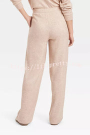 Oatmeal Morning Solid Color V-neck Sweatshirt and Elastic Waist Pocketed Lounge Pants Set