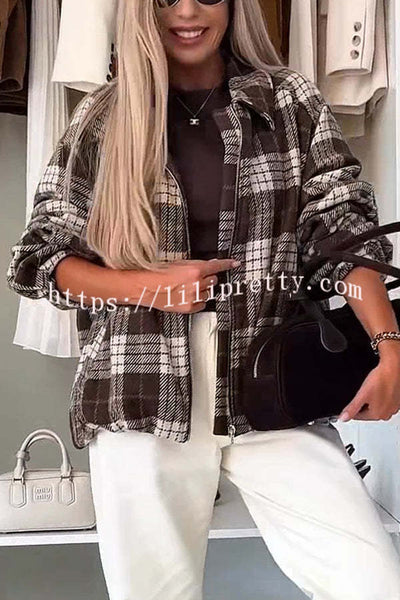 Fashion Plaid Print Lapel Long Sleeve Loose Zipper Jacket