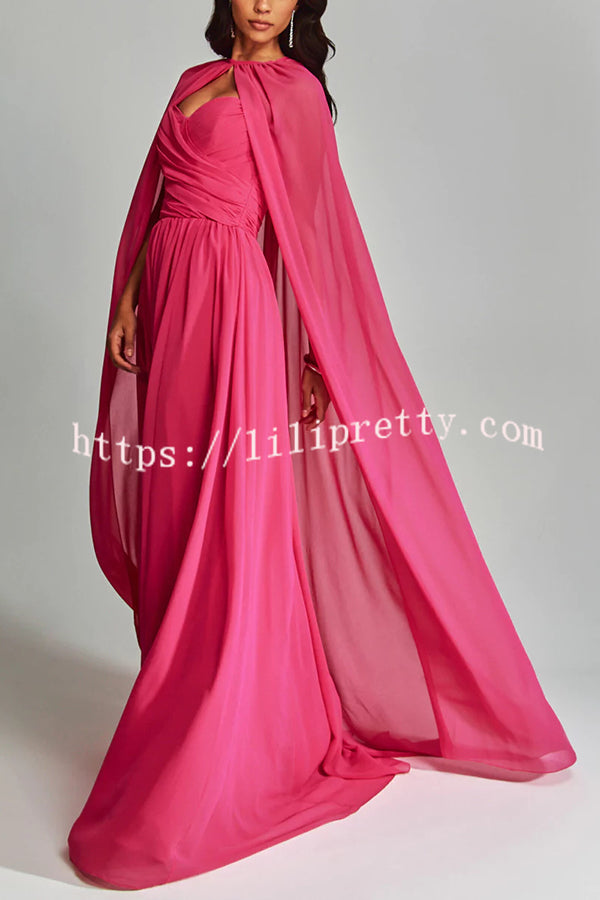 Romantic Party Chiffon Off Shoulder Sweetheart Neck Ruched Cape Maxi Dress