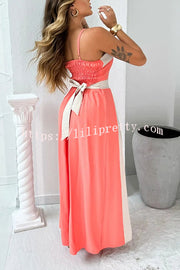 Fashion Contrast Color Sling Back Pleated Lace Up Maxi Dress