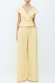 Velena Linen Blend Button Up Lapel Top and High Rise Pocket Wide Leg Pants Set