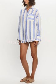 Stripe Print Lapel Long-sleeved Casual Shirt and Elastic Waist Loose Shorts Set