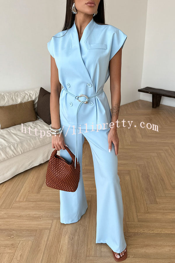 Modern City Double Breasted Belted Wide Short Sleeve Suit and Elastic Waist Loose Pants Set