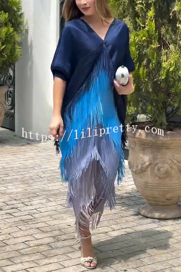 Fashionable Color-blocked Multi-layered Tassel Loose Midi Dress