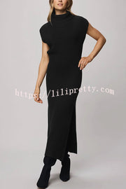 Solid Color Sleeveless Knitted Elegant Waist Midi Dress