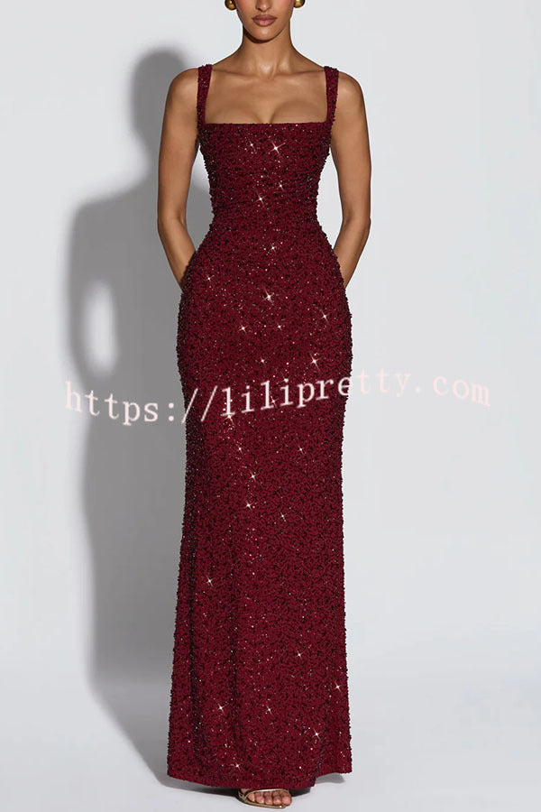 Calanthe Sequin Embellished Chiffon Ruched Square Neck Back Lace-up Maxi Dress