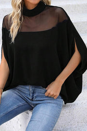 Fashionable Mesh-paneled Batwing Sleeve High-neck Loose Top