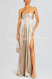 Metallic Sexy Tube Top Pleated High Slit Maxi Dress
