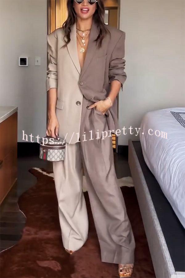 Girl Boss Avant-garde Contrast Colors Lapel Boyfriend Blazer and Pocketed Wide Leg Pants Set