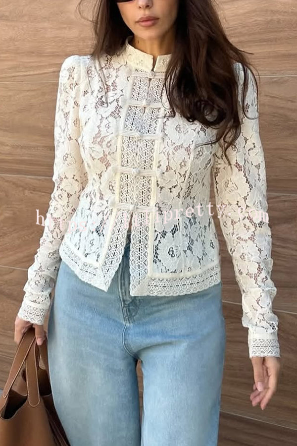 Fashion Hollow Lace Stand Collar Long Sleeve Slim Shirt