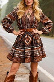 Bohemian Style V-neck Fitted Waist Casual Mini Dress
