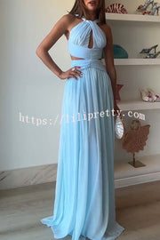 Graceful Modern Chiffon Twist Halter Neck Cutout Pleated Maxi Dress
