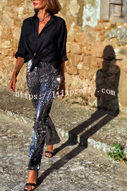 Pursue Shine Sequin High Rise Elastic Waist Flare Pants