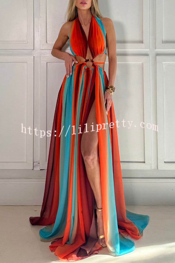 Variety of Styles Tulle Printed Ring Hollow Design Slit Vacation Maxi Dress