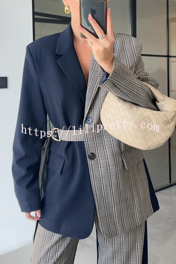 Nayla Plaid Contrast Color Belted Long Sleeve Lapel Blazer and Pocketed Wide Leg Pants Set