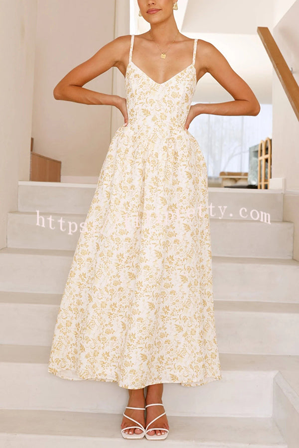 Floral Print V-Neck Sleeveless Back Tie Pocket Maxi Dress