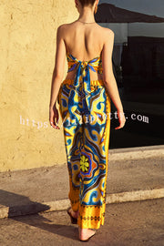 Ethnic Style Unique Print Tube Top and Elastic Waist Casual Pocket Wide Leg Pants Set
