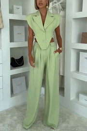 Fashion Style Lapel Waist-baring Irregular Vest and  Elastic Waist Pocket Loose Pants Set