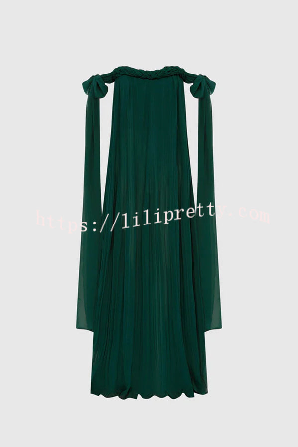 Fairy Spirit Tulle Braided Neckline Tie Arm Straps Pleated Maxi Dress