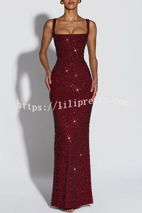 Calanthe Sequin Embellished Chiffon Ruched Square Neck Back Lace-up Maxi Dress