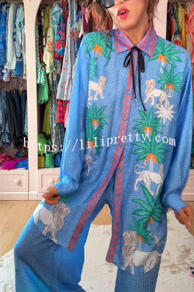 Sunday Breeze Satin Unique Print Button Down Oversized Blouse
