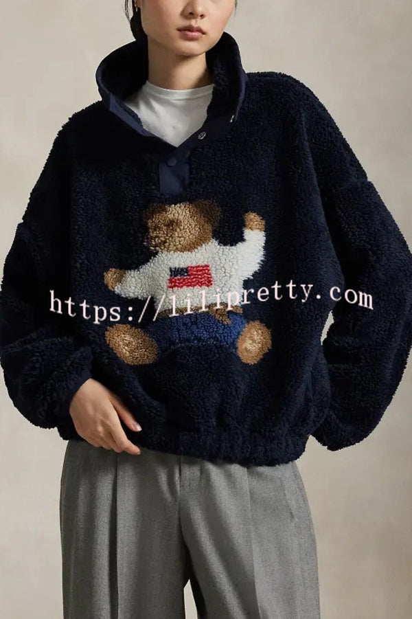 American Retro Polo Bear Pattern Stand Button Neck Long Sleeve Fleece Pullover